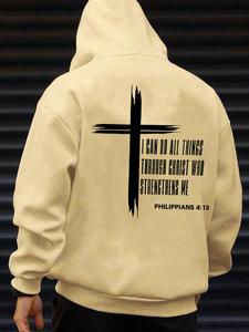 men's cross & letter print drop shoulder hoodie, fashion casual regular fit drawstring pocket hooded sweatshirt for daily holiday outdoor wear, men clothes for fall & winter