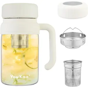 32oz Glass Water Bottle,  Bottle with Infuser & Handle,  Leakproof Wide Mouth Large  Infuser cup for Hot or Cold Drinks, Loose, Fruit (White)
