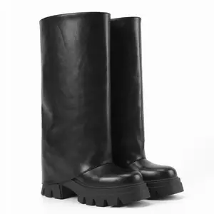 LUNETTA Womens Minimalist Shark Style Gaiter Boots | Fold Over Wide Shaft Knee High Boots with Rugged Lug Sole | Chunky Platform All-Season Statement Boots
