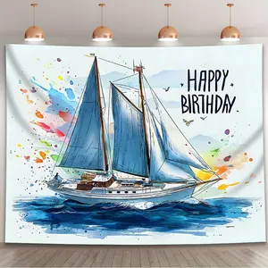 1PC Nautical Boat Watercolor Backdrop Banner - Blue & White Polyester, Durable, Easy-to-Hang, Ideal for Birthday Parties