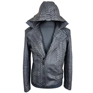 Men's Black Python Biker Jacket with Detachable Hood