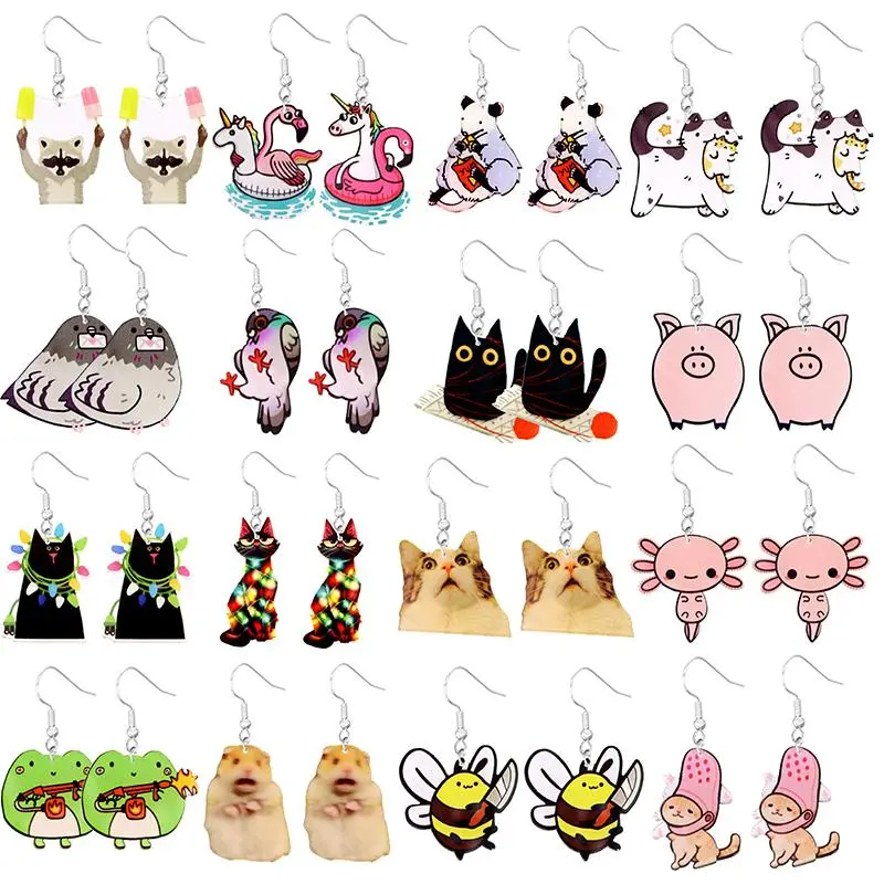 Cute Cat Design Dangle Earrings Acrylic Jewelry Adorable Gift For Women Girls Daily Casual Frog Bee Pig Hamster