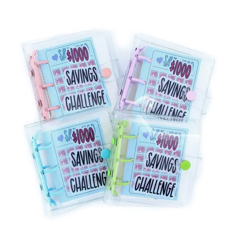 Portable mini savings challenge binder — $1,000 cash savings tracker planner; clear PVC budget envelope book with tracking stickers for beginners’ financial planning
