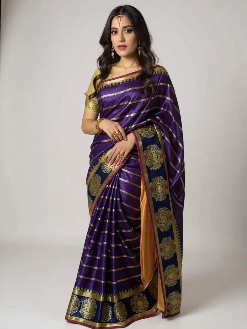 Women's Silk Saree, Traditional Party Wear Clothes with Purple & Gold Design, Chic Elegant Lady Style for Summer, Costumes