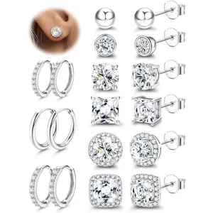 Dazzling 9 Pairs Silvery Trendy Stud Hoop Earrings for Women Men Stainless Steel Unisex Hypoallergenic  Hoop Earrings Set for Multiple Piercings