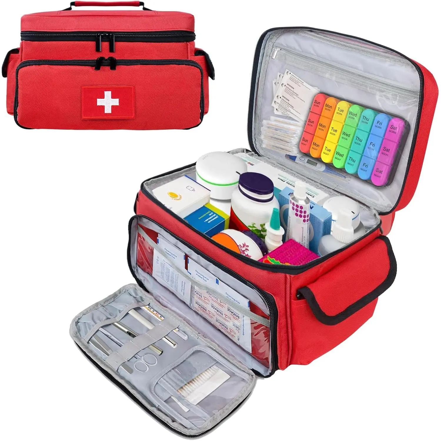 Portable Red Empty First Aid Bag - 15x9x7 in, 12.31 oz Emergency Medical Storage Box, Pill Bottle Organizer for Car, Outdoor Activities (Luggage & Bag Accessory), Medical Bag
