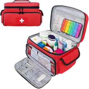 First Aid Bag Empty First Aid Kit Storage Box 12" x 9" x 7" Medical Bag Portable Pill Bottle Organizer Case for Car, Travel, Office, Outdoor, Camping, Hiking, School (Red)