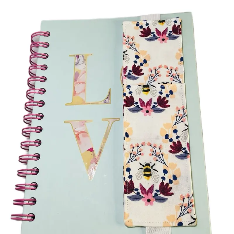 Bee & Flower Wreath Fabric Pen Holder - Elastic Bookmark for Notebooks, Journals, Diaries - Holds 1 or 2 Pens or Pencils