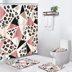 Pamnest 4 Pcs Shower Curtain Sets, Leopard Geometric Pink Waterproof Bathroom Sets with Non-Slip Rugs,Toilet Lid Cover and Bath Mat, Accessories Modern Home Bathroom Decor 72" X 72"
