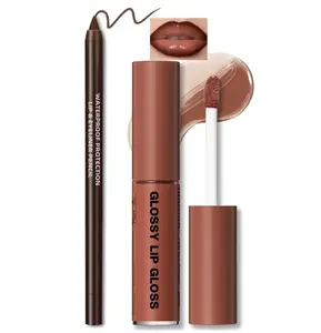 HOSAILY Nourishing Lip Gloss with Brown Lip Liner Lip Combo Set, Moisturizing High Shine Nude Lip Glow Oil Fresh Lightweight Glossy Plumping Lip Gloss for Women Long Wear Mini Liquid Lipstick Makeup#8