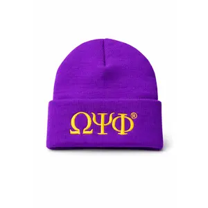Purple Omega Psi Phi Beanie Hat with Gold Embroidered Greek Letters