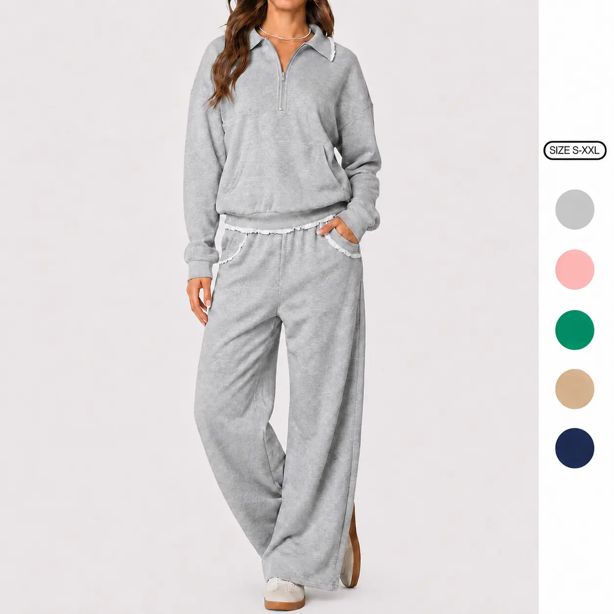 Imily Bela Women 2 Piece Ruffle Trim Lounge Sweatsuit Half Zip Collar Pullover Top Wide Leg Sweatpants Casual Tracksuit Set