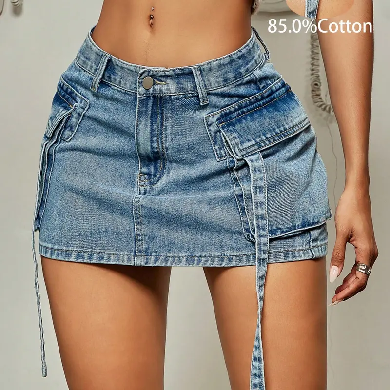 Apperloth Studio Women's Sexy Mini Denim Skirt with Pockets - Trendy Plain Design for Casual to Semi-Formal Wear