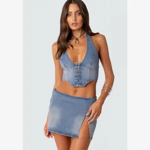 EDIKTED Katrina Lace Up Denim Corset