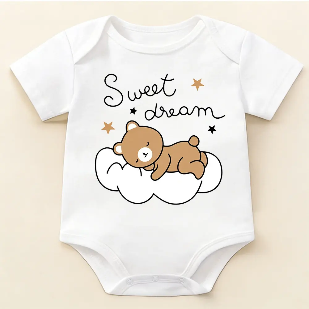 Short‑Sleeve Baby Bodysuit, Sweet Dream Sleeping Bear On Cloud With Star Print Soft Cotton Newborn Infant Onesie
