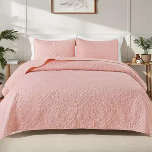 King Size Bedspread with 2 Pillow Shams, Lightweight Blush Pink King Bedding Set with Vintage Damask Pattern, Soft Bedspreads Coverlets for All