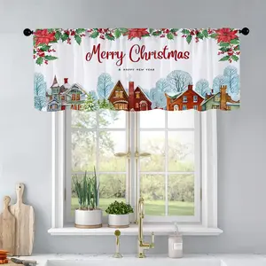 1Pc Christmas And New Year Printed Kitchen Curtains Christmas Background Winter Villag Curtains Curtain Valance Living Room Bedroom Bathroom Home Decoration Curtain Home Decor 54X18 Inch