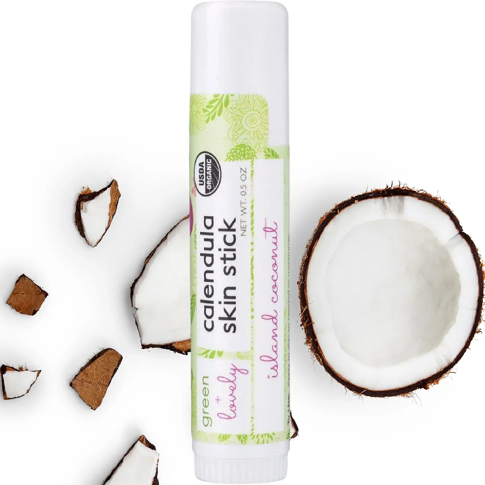 Green + Lovely Calendula Skin Stick Organic Lotion Sticks Moisturizing Balm Ointment Salve Multipurpose Hand Cream Body Bar, 0.5 oz., Island Coconut  (1 tube set)