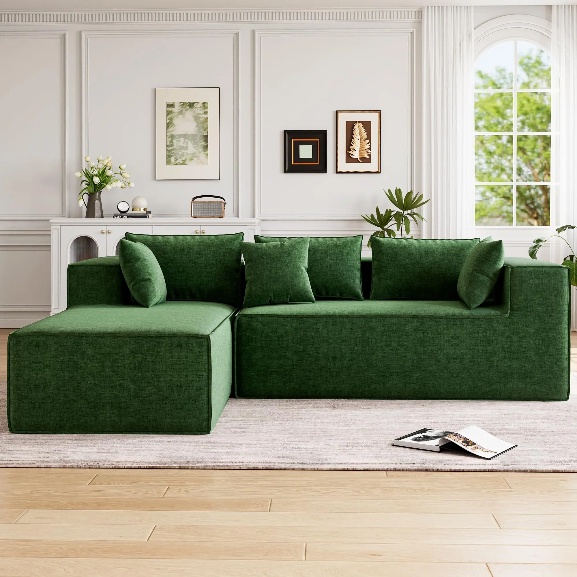 Garvee Modular Sectional Couch for Living Room and Bedroom, Modern Polyester Upholstered L-Shaped Sofa with Pillows, High-Density Foam Corner Sofa, No Assembly Required, Green