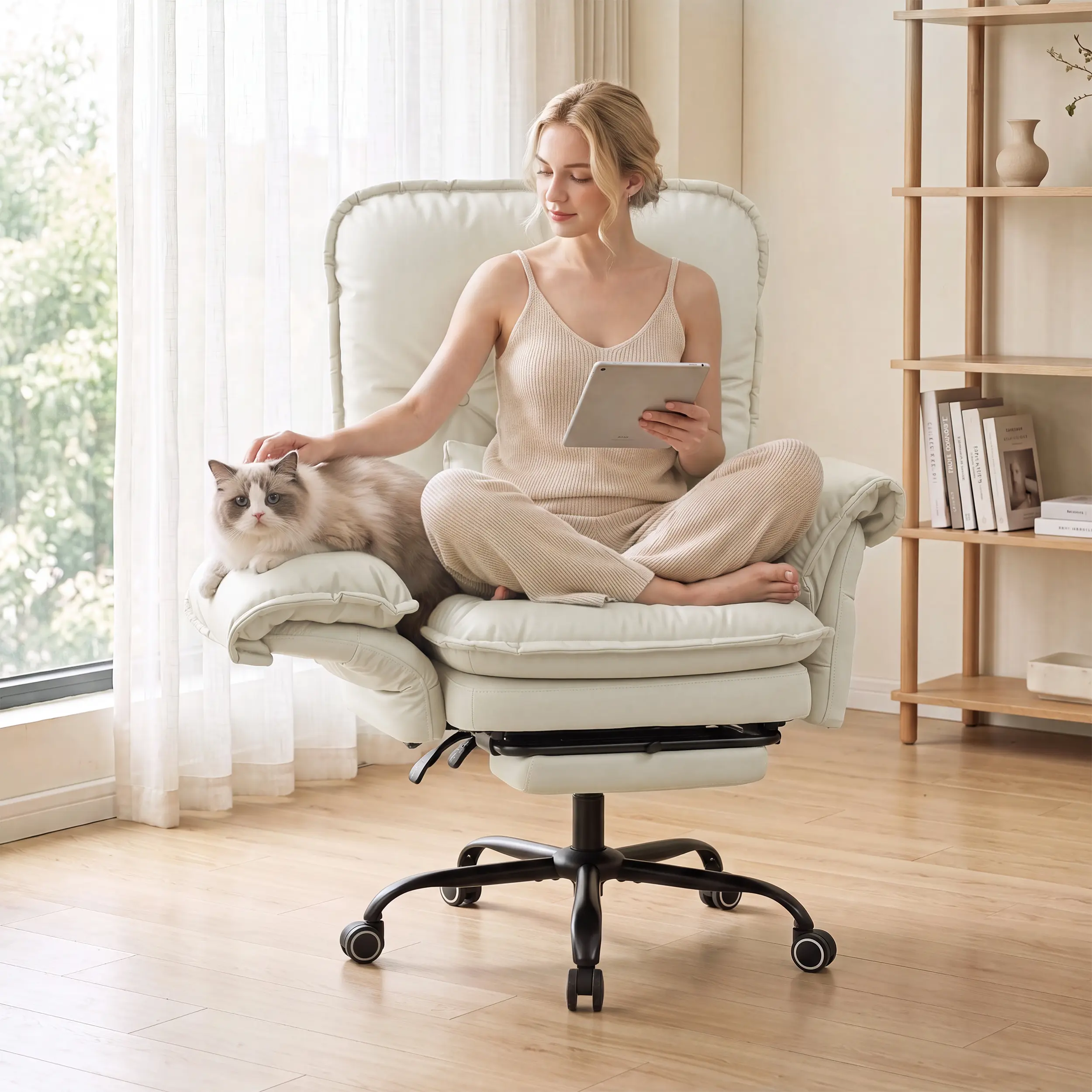[SummerVibes] Vabches Criss Cross Chair with Adjustable Arms and Foot Rest, Wide Seat Reclining Office Chair with Wheels, Makeup Vanity Chair with Side Pockets, Comfy Velvet Cross Legged Desk Chair