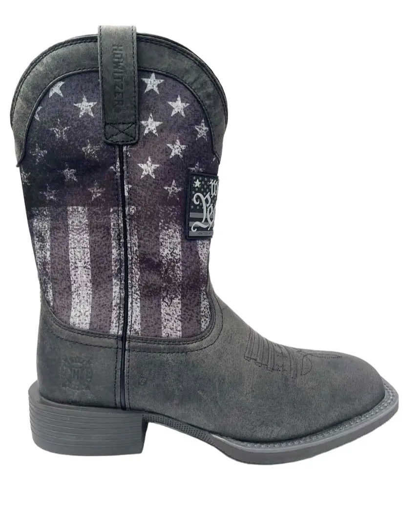 Howitzer Men's Freedom Stamp Leather Boots, Handmade Goodyear Welt Walking Shoes with Cork Padding and Rubber Block Heel, Cork Padding Layer, Design, Pvc Patch Detail, Custom Graphic Shaft, Affordable Fashion, American Traditional, Cv6755-Bk Freedom Stamp