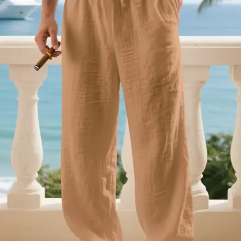 Men's Linen Pants, Classic High-Quality Plain Fabric, Casual Fit Minimalist, Elastic Waistband, Casual Regular Fit, Lightweight Summer Beach Shorts, Comfortable & Breathable, Casual Comfy Classy, Everyday Pant