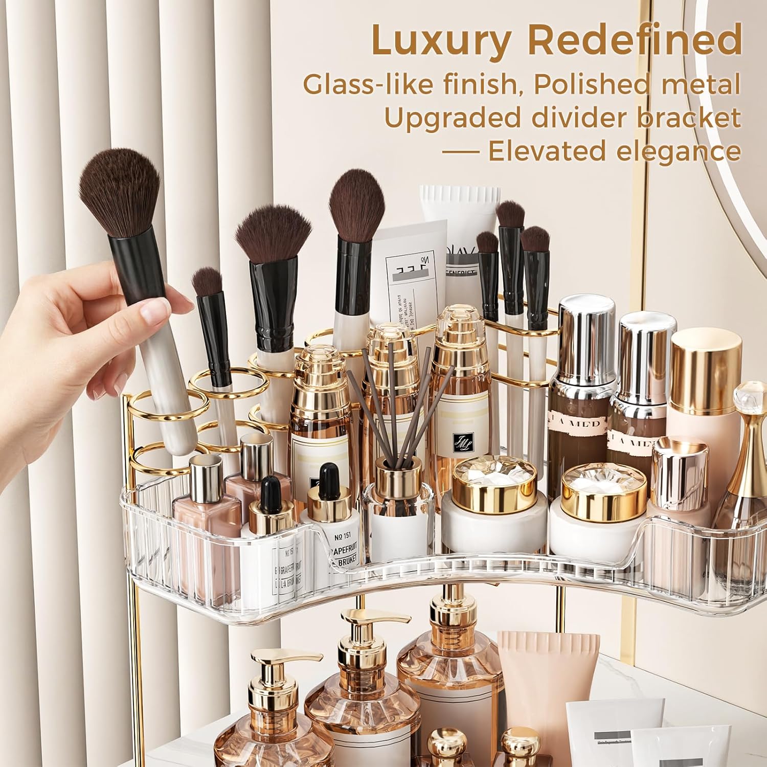2-Tiers Corner Bathroom Counter Organizer, Clear Countertop Shelf Storage Rack, Cosmetic Perfume Tray Standing Holder with Gold Metal Pole, Skincare Sink Organizer for Vanity Kitchen Transparent Smooth outdoorfun