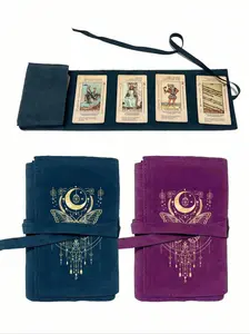 Two-piece velvet tarot card storage bag, Storage organizer bag - blue and purple dual colors, drawstring closure, gold butterfly and moon print, soft fabric cover, suitable for storing cards and small items