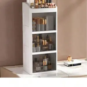 3 Tier Makeup Storage Box Foldable Sliding Door Design Clear Cover Large Capacity Organizer for Skincare Cosmetics Ideal Gift for Women