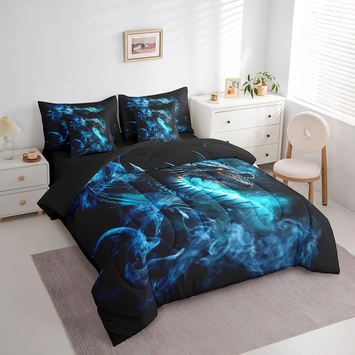 Kids' 7-Piece 3D Dragon Motif Comforter Set - Black Blue Foggy Bed-in-a-Bag, Modern Western Magical Theme, Breathable Durable Fade Resistant Bedding for All Boys, Multi-Size, Tumble Dry Low, Ideal for Dorm RV, Animals, Playroom, Traditional, Combo Bedding