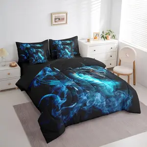 3D Dragon 7 Pieces Comforter Set,Black Blue Foggy Bed In a Bag,Western Magical Theme Animals for Kids Boys Men Adult,Cool Flying Dragon