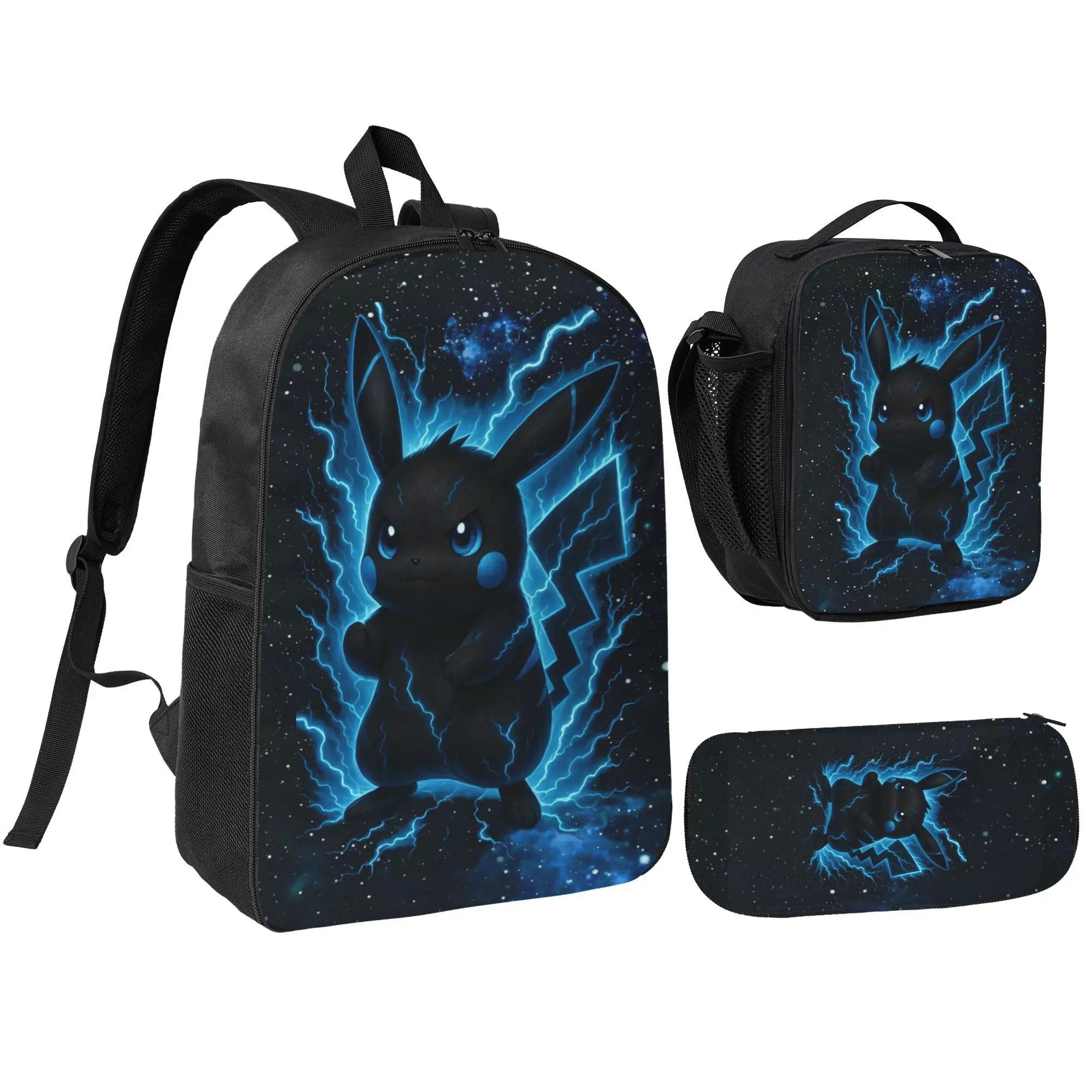 3PCS Pikachu Electric Creature Galaxy Backpack Set, 17 Inch School Backpack with Lunch Bag & Pencil Case for Kids, Lightweight Bookbag for School, Travel & Daily Use