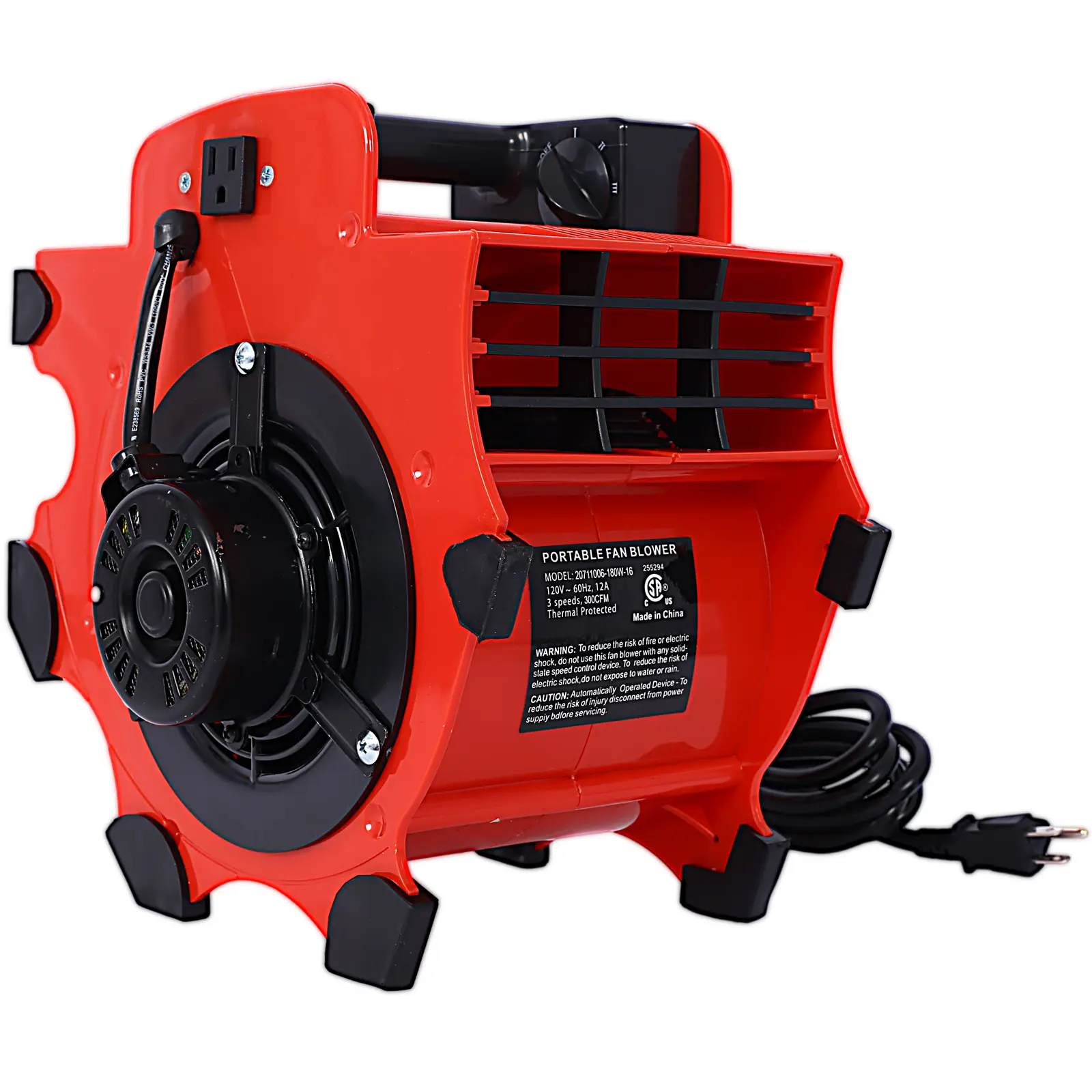 3-Speed Heavy-Duty Floor & Carpet Dryer - Portable 120V CSA Approved Air Mover with ABS Plastic, Adjustable Flow Rate, Carry Handle, 4 Angles, High RPM, Overload Proof, Long-Lasting, 2 Built-In 12A Ground Sockets (Built-In Plugs) for Home Projects, Portab