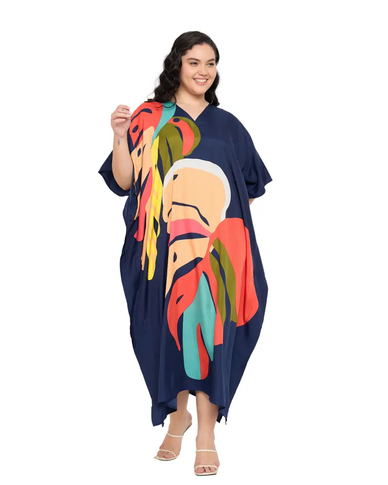 gypsie blu dress Floral Printed Navy Blue Polyester Plus Size Kaftan Dress For Women