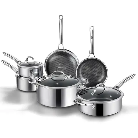 SNOWCLAD 10/14-Piece Thermal Hybrid Nonstick Metal Cookware Set with Lids, Including Saucepan, Induction Compatible, Oven & Dishwasher Safe, PFOA-Free Non Stick Pot Sets for Cooking,familyfun