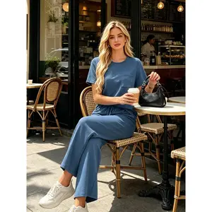 Women's Fashion Solid Color Casual Round Neck Pocket T-Shirt + Drawstring Wide Leg Pants Set Loose Fit Slimming Wide Leg Pants Two-Piece Set Suitable for Summer Commuting to Work Shopping Outings Indoor and Outdoor Wear Womenswear