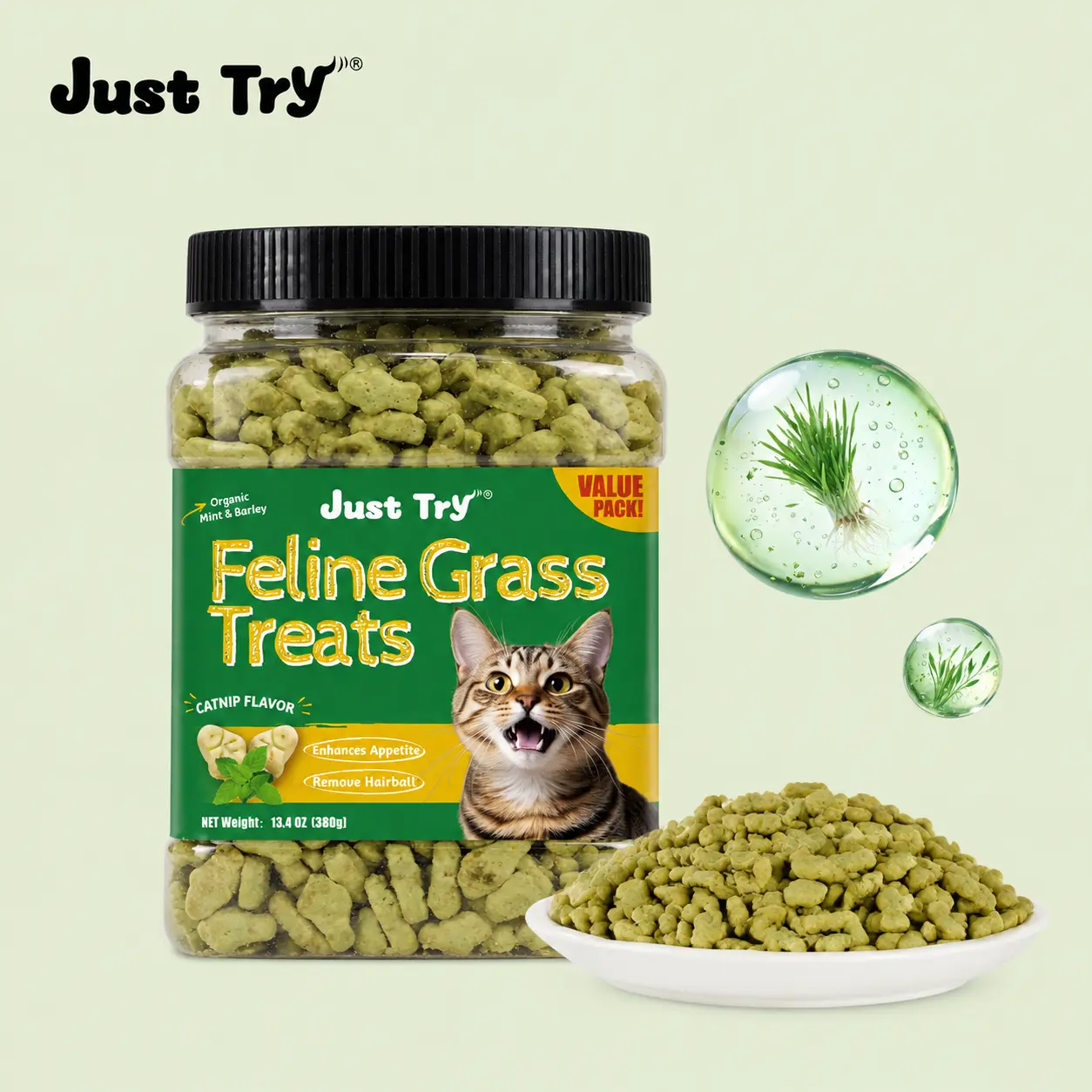 Just Try Cat Treats for Indoor Cats Hairball Control Natural Salmon Healthy Cat Grass Treats Kitten Snacks Training Biscuits Catnip for Cats Dental Care 13.4 OZ