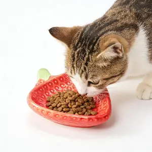 2pcs Small Strawberry Ceramic Cat Dog Feeding Dish, Portable Outdoor Pet Food Bowl, Convenient Mini Plate for Cats and Dogs