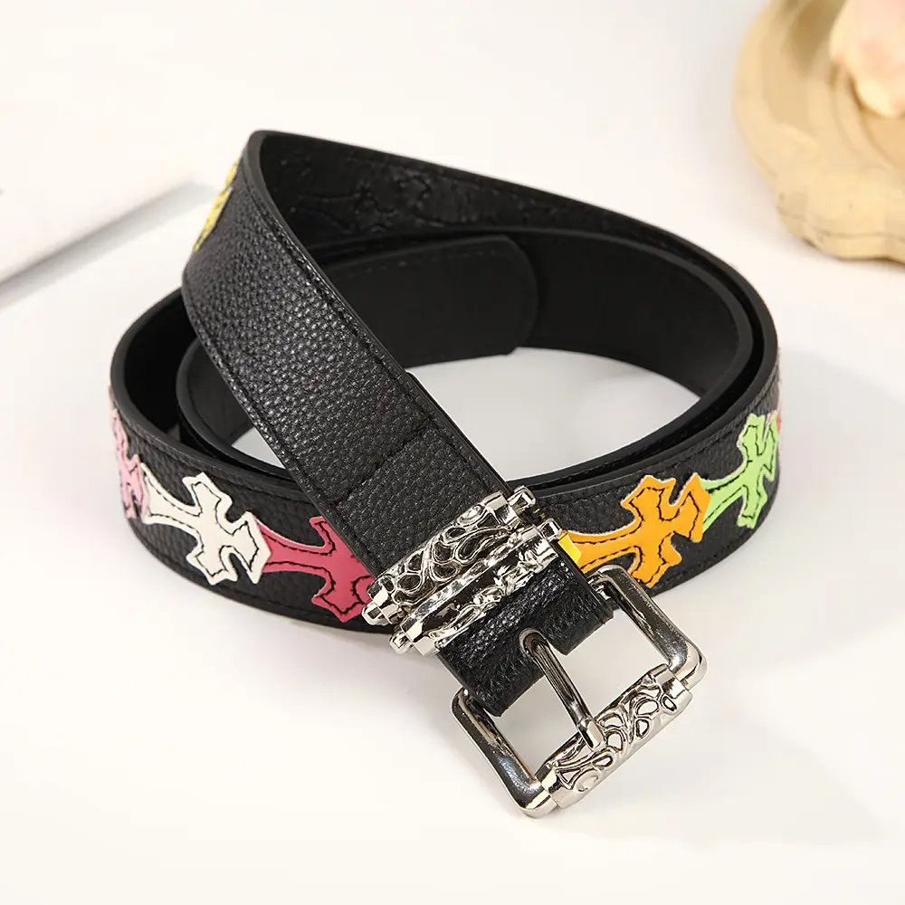 Colorful Cross Patch Black Leather Belt, Y2K Gothic Multicolor Cross Embroidery Pin Buckle Waist Belt