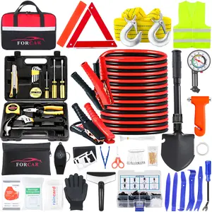 Outdoor travel set, including jumper cables, a car emergency kit with a folding survival shovel, and a portable tool kit—perfect as a holiday gift for family and friends
