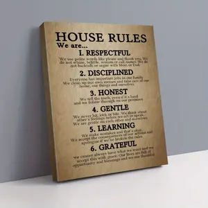 A Wooden Frame Artwork, 2D Flat 1 Piece, - Retro Modern Family Rules Wall Art (Respect, Discipline, Honesty, Gentleness, Learning, Gratitude) 6 Core Values, Vertical Font, Suitable for Living Room, Bedroom, Office Decoration, Natural, Suitable for Office