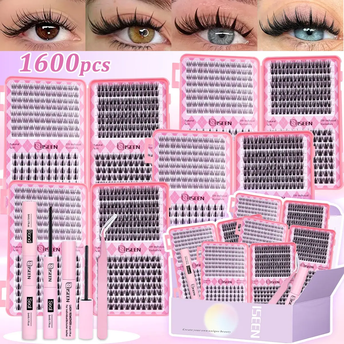 1600 pcs Mixed-Style D-Curl Eyelash Clusters Kit, Makeup, 4 Styles Natural Manga Lashes with Bond, Seal, Remover and Tweezers, Wet-Look Fluffy DIY Individual Eyelashes Extensions