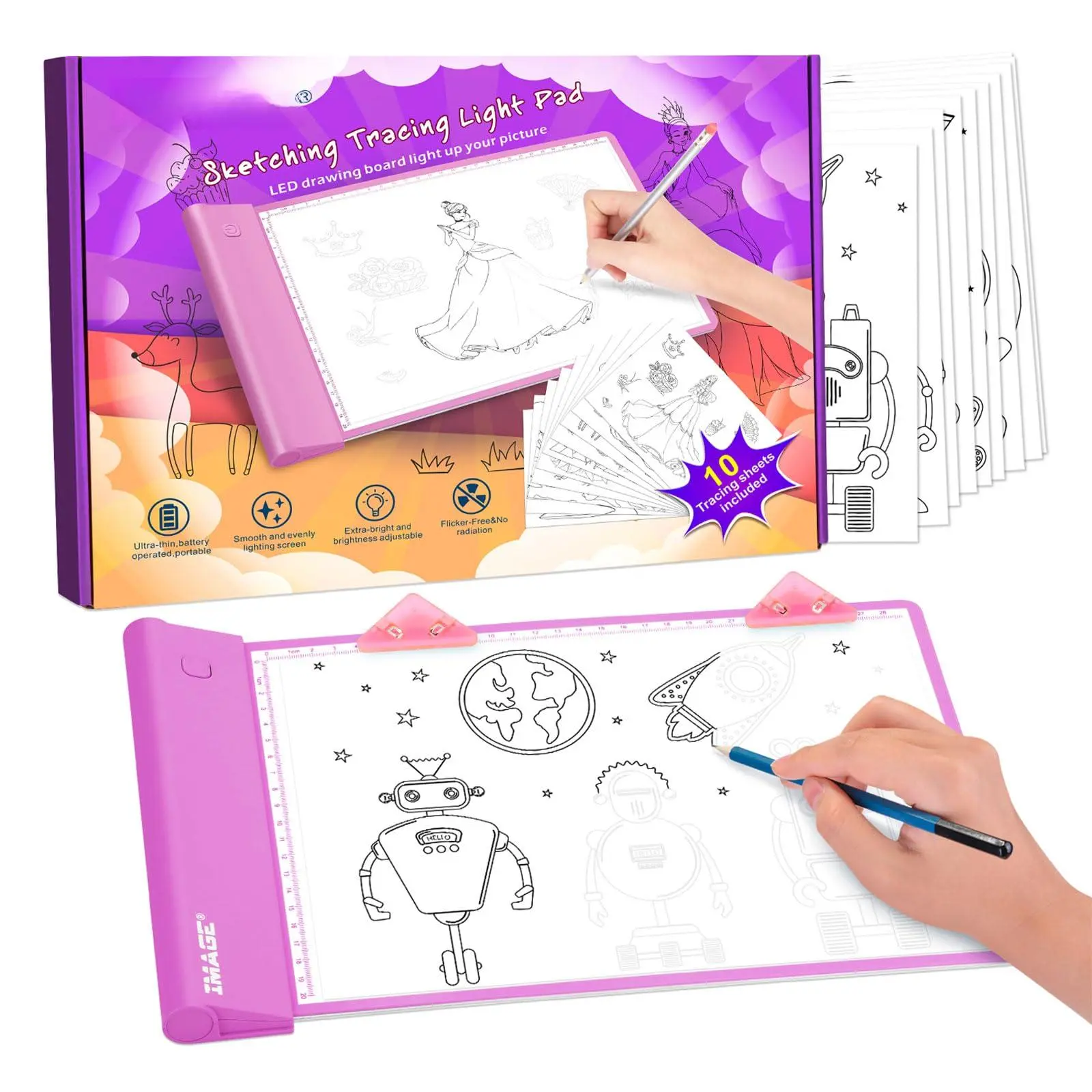 Light Up Tracing Pad Pink Drawing Tablet Coloring Board For To Boy (includes 10 Traceable Sheets And Two Clips)