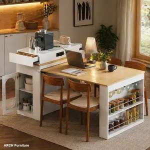 TREXM ARCH Video-Enabled Extendable Dining Table - Folding Tabletop, Bar Table with Drawers & Power Outlet, Wheeled Kitchen Island with Hooks, Minimalist Creamy White+Natural Indoor Furniture for Kitchen Organization