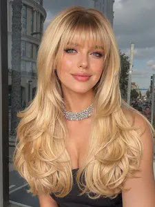 22 Inch Long Curly Wig with Bangs, Deep Root Synthetic Hair, Natural Look, Easy Maintenance, Suitable for All Ages, Synthetic Hair Wigs