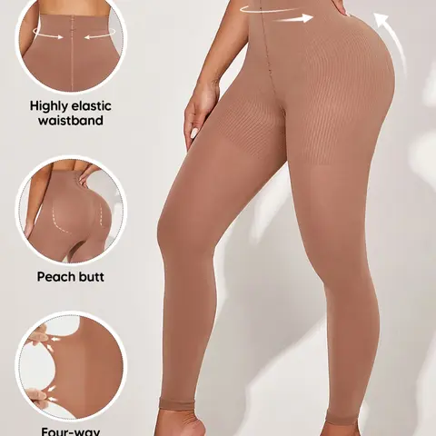Women's High-Waisted Compression Leggings - Graduated Compression Design for Tummy Control, Waist Slimming & Butt Lift - Almond Elastic Waist Form Fitting Activewear Fitness Bottoms for Fitness