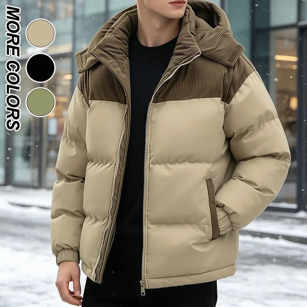 Men’s corduroy patchwork hooded loose-fit bread jacket, corduroy patchwork at shoulders and collar, contrasting side pockets, elastic cuffs to prevent drafts, suitable for daily commuting, travel, and shopping.