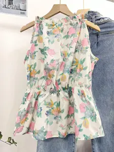 Women's Woven Floral Print Sleeveless Blouse, Ruffled Neck Tie Back, Smocked Waist Peplum Hem, Daily Casual Vacation Spring Summer Wear, Breathable Lightweight Soft, Romantic Casual Vintage Style