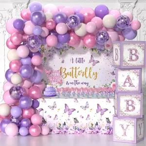 Butterfly Baby Shower Decorations for Girls, Baby Girl Shower Decorations A Little Butterfly Is On The Way Backdrop Tablecloth Pink Purple Butterfly Balloon Arch for Girl Birthday Baby Shower Decor