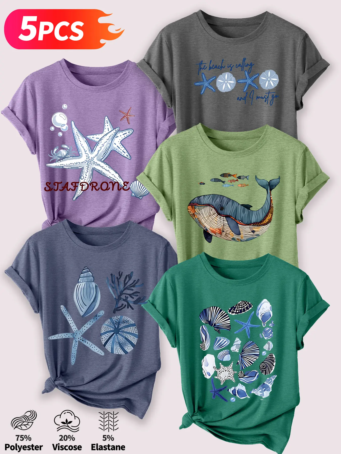 Women's 5Pcs Crew Neck Fitted T-Shirts, Round Neck, Ocean Creature Shell & Whale Series Print, Multiple Colors Available, Machine Washable, Spring & Summer Tops, Soft Skin-Friendly Fabric, Casual Daily Versatile, Fashion Design